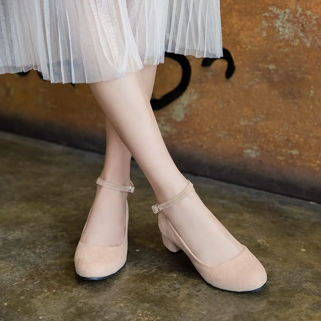 Women's Square Toe Chunky Mid Heel Pumps Suede Pearls Buckle Slip-On Comfort Work Office Dress Shoes