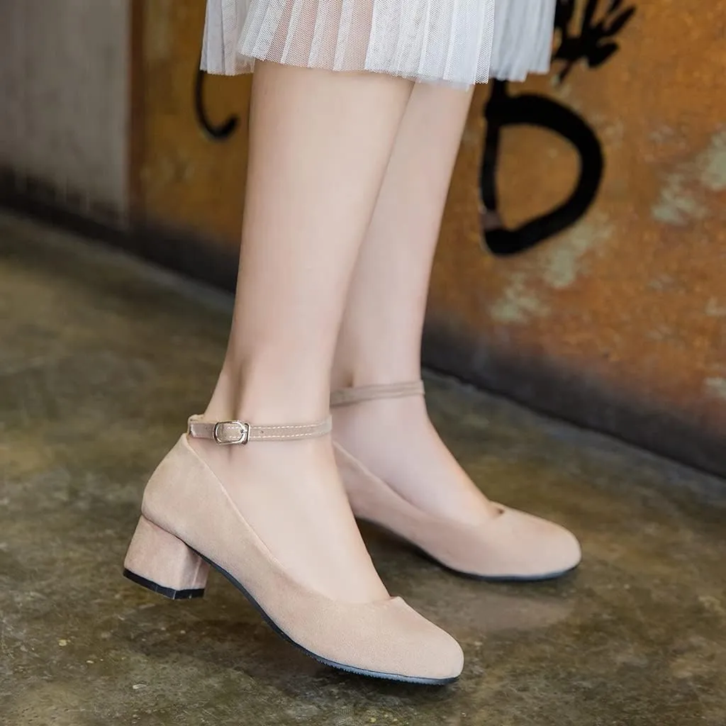 Women's Square Toe Chunky Mid Heel Pumps Suede Pearls Buckle Slip-On Comfort Work Office Dress Shoes