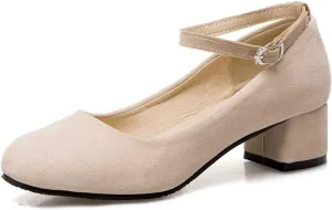 Women's Square Toe Chunky Mid Heel Pumps Suede Pearls Buckle Slip-On Comfort Work Office Dress Shoes