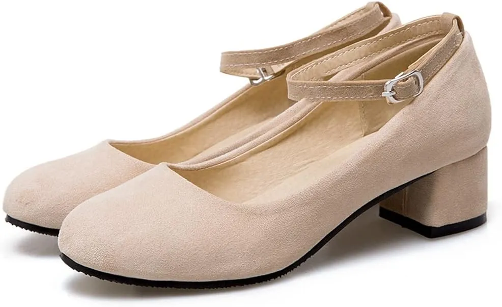 Women's Square Toe Chunky Mid Heel Pumps Suede Pearls Buckle Slip-On Comfort Work Office Dress Shoes