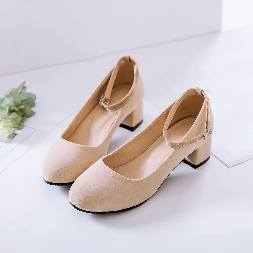 Women's Square Toe Chunky Mid Heel Pumps Suede Pearls Buckle Slip-On Comfort Work Office Dress Shoes