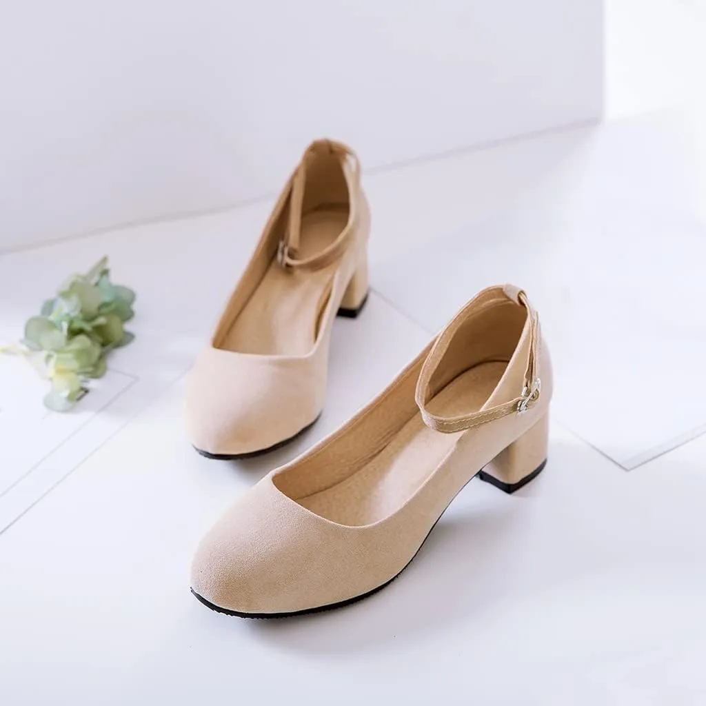 Women's Square Toe Chunky Mid Heel Pumps Suede Pearls Buckle Slip-On Comfort Work Office Dress Shoes