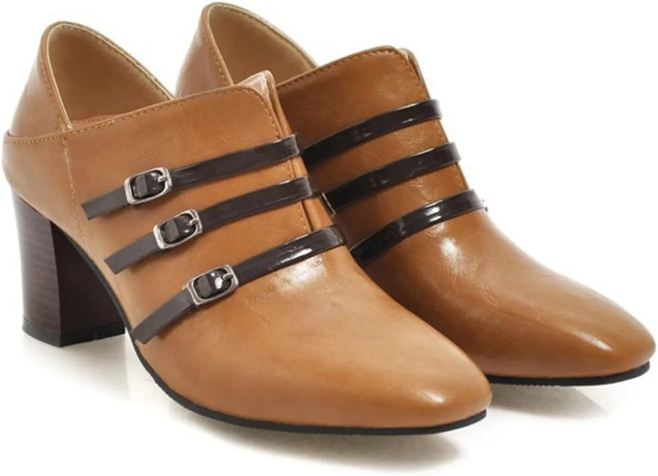 Women's Square Toe Heeled Pump Booties Slip On Buckle Fashion Chunky Stacked Block Heel Dress Shoes