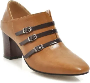 Women's Square Toe Heeled Pump Booties Slip On Buckle Fashion Chunky Stacked Block Heel Dress Shoes