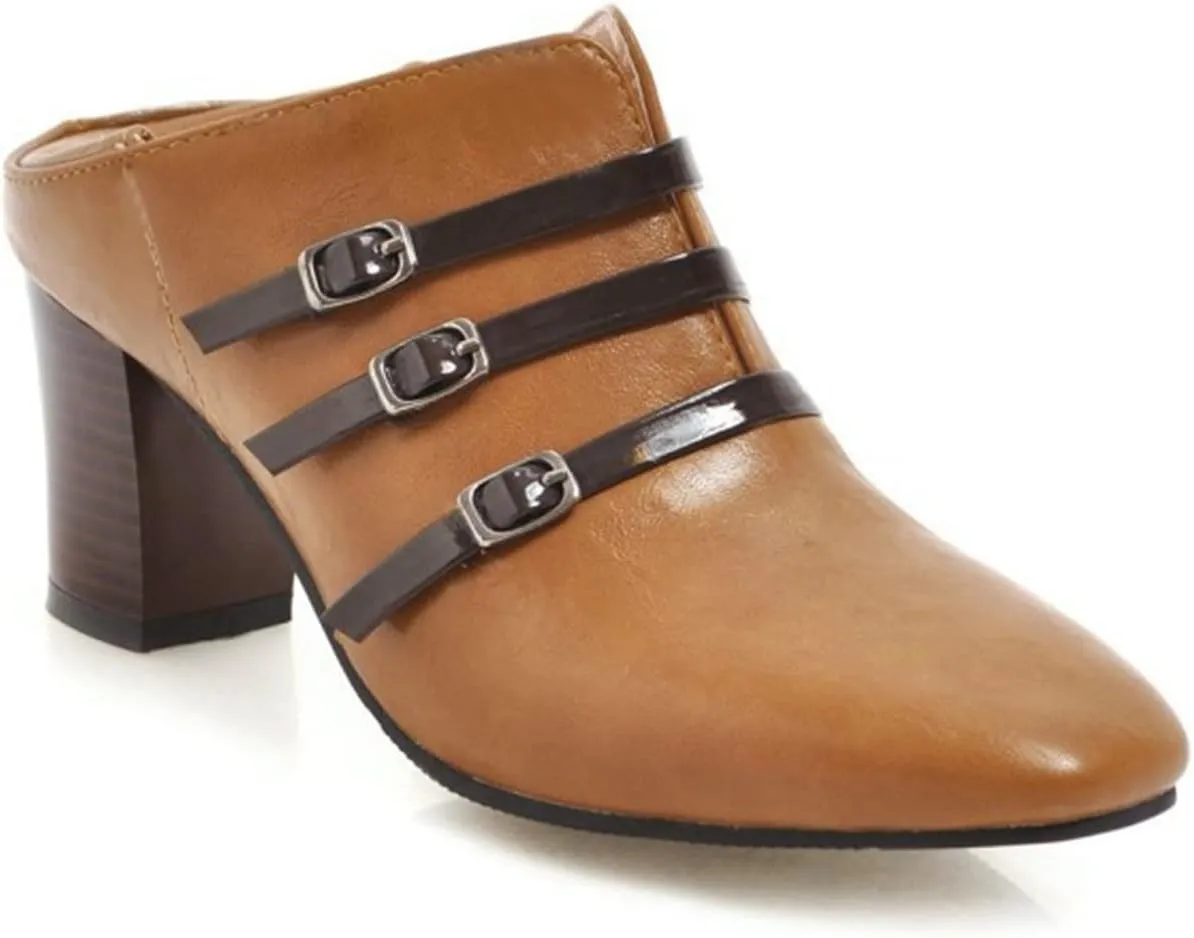 Women's Square Toe Heeled Pump Booties Slip On Buckle Fashion Chunky Stacked Block Heel Dress Shoes