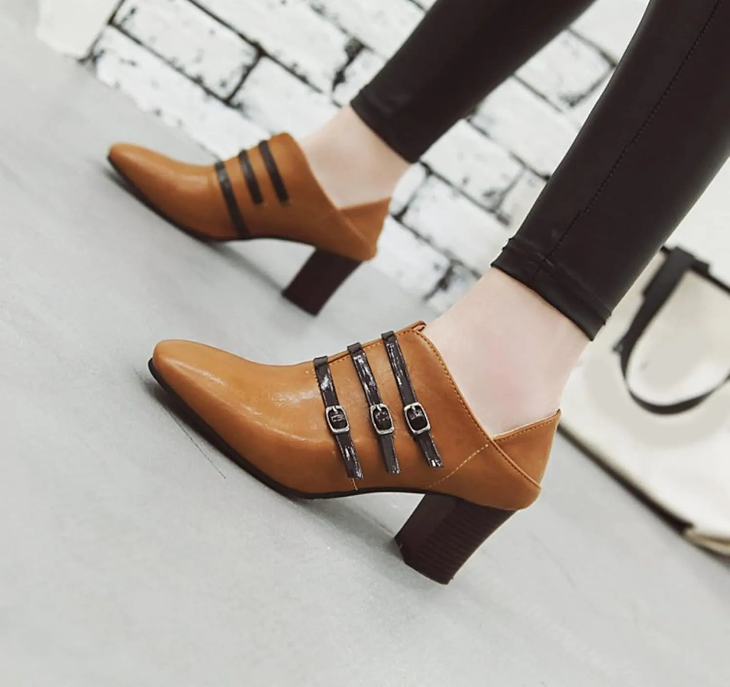 Women's Square Toe Heeled Pump Booties Slip On Buckle Fashion Chunky Stacked Block Heel Dress Shoes