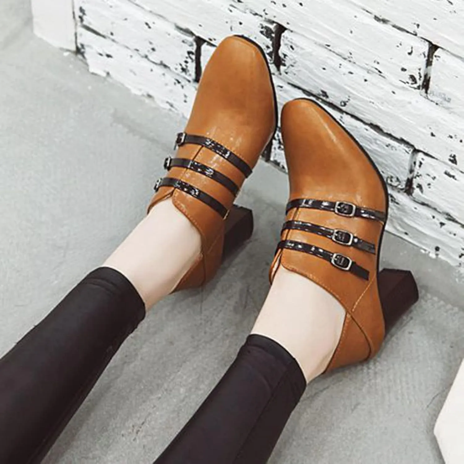 Women's Square Toe Heeled Pump Booties Slip On Buckle Fashion Chunky Stacked Block Heel Dress Shoes