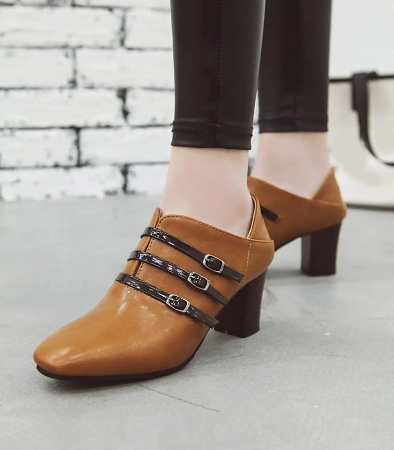 Women's Square Toe Heeled Pump Booties Slip On Buckle Fashion Chunky Stacked Block Heel Dress Shoes