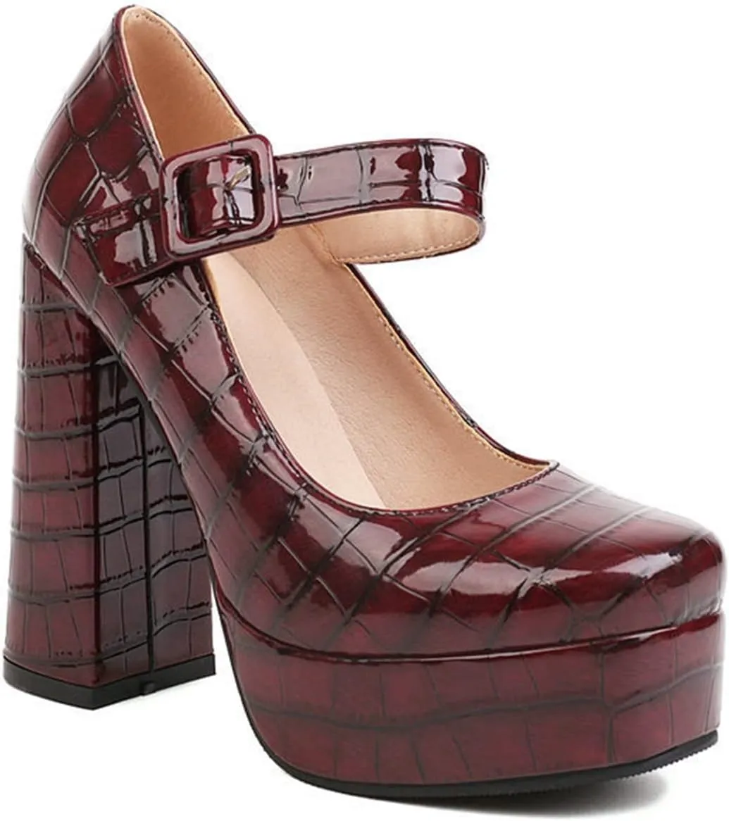 Women's Square Toe Mary Janes Platform Pumps Chunky High Heel Ankle Strap Stone Pattern Dress Shoes