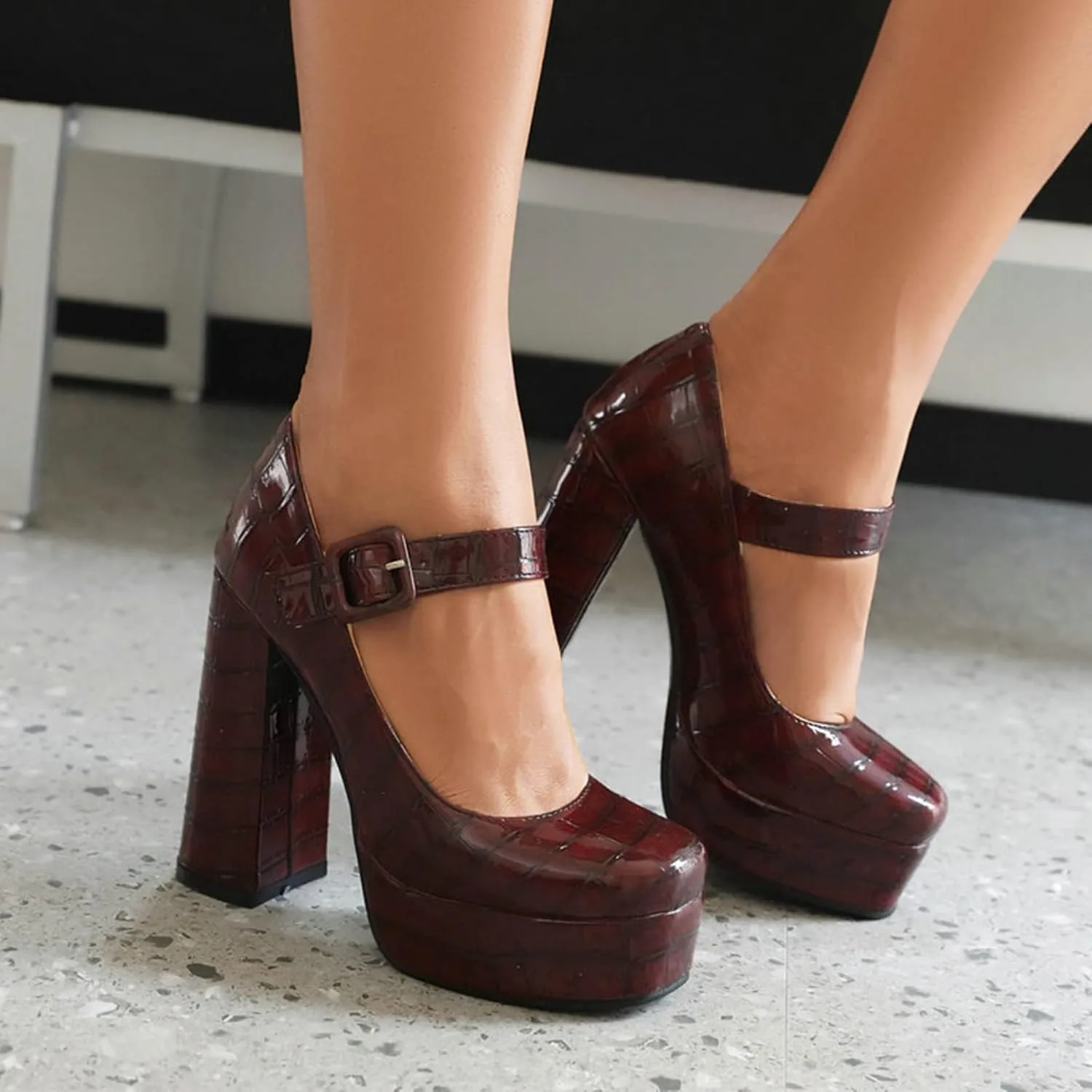 Women's Square Toe Mary Janes Platform Pumps Chunky High Heel Ankle Strap Stone Pattern Dress Shoes