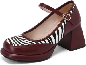 Womens Square Toe Platform Mary Jane Shoes High Chunky Heel Ankle Strap Striped Fashion Dress Pumps