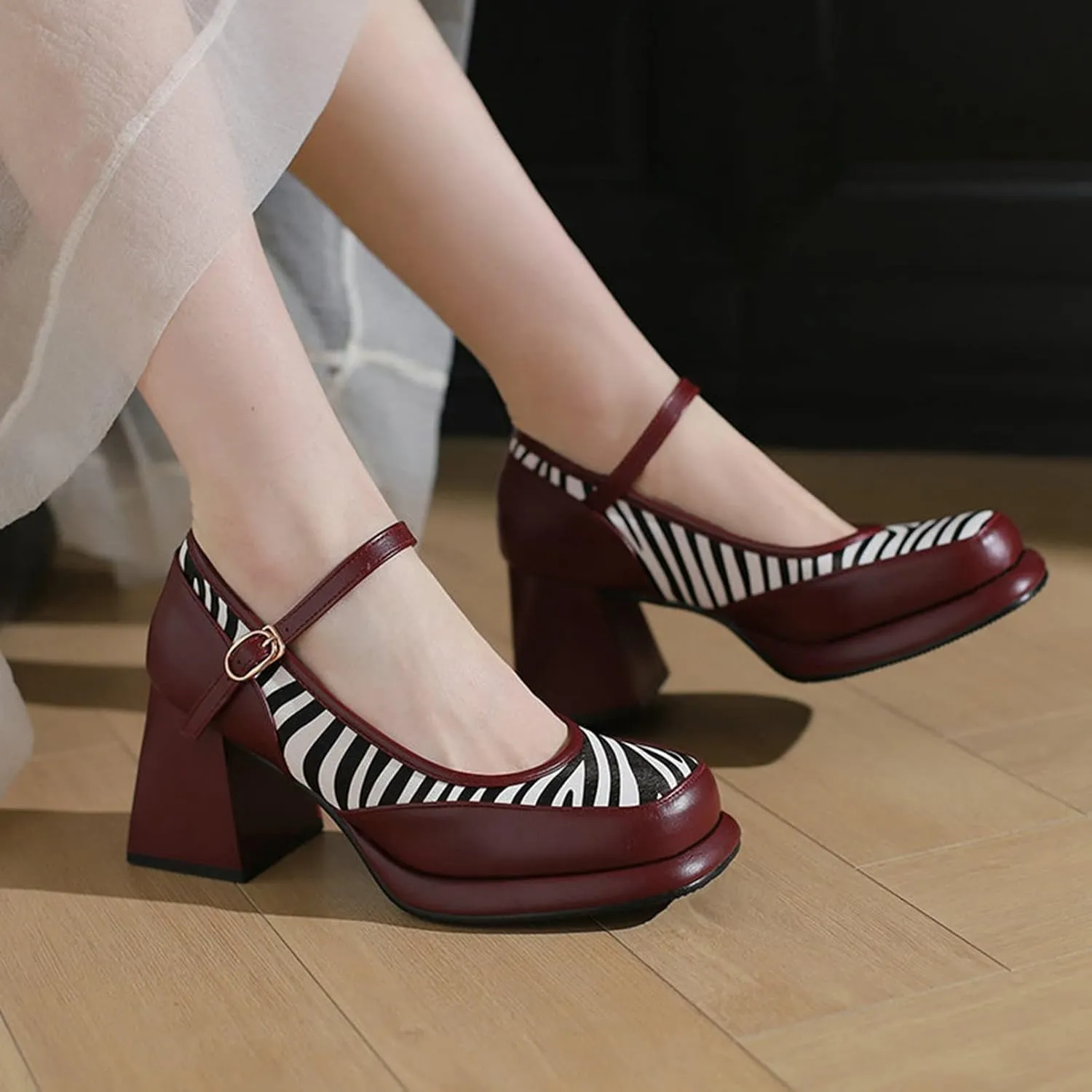 Womens Square Toe Platform Mary Jane Shoes High Chunky Heel Ankle Strap Striped Fashion Dress Pumps