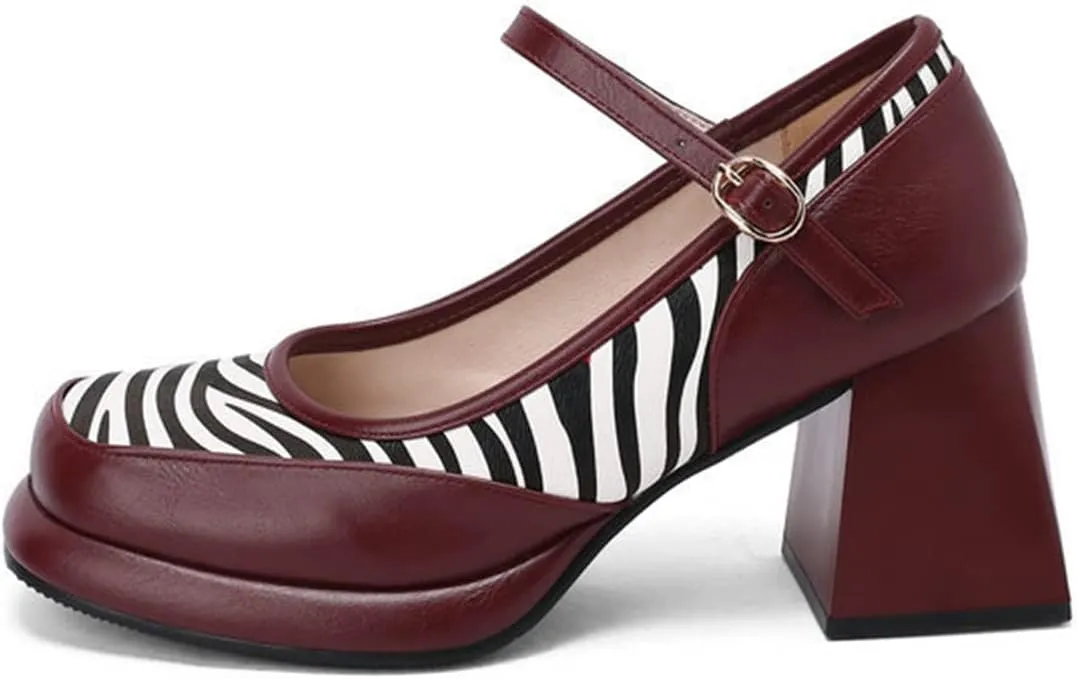 Womens Square Toe Platform Mary Jane Shoes High Chunky Heel Ankle Strap Striped Fashion Dress Pumps