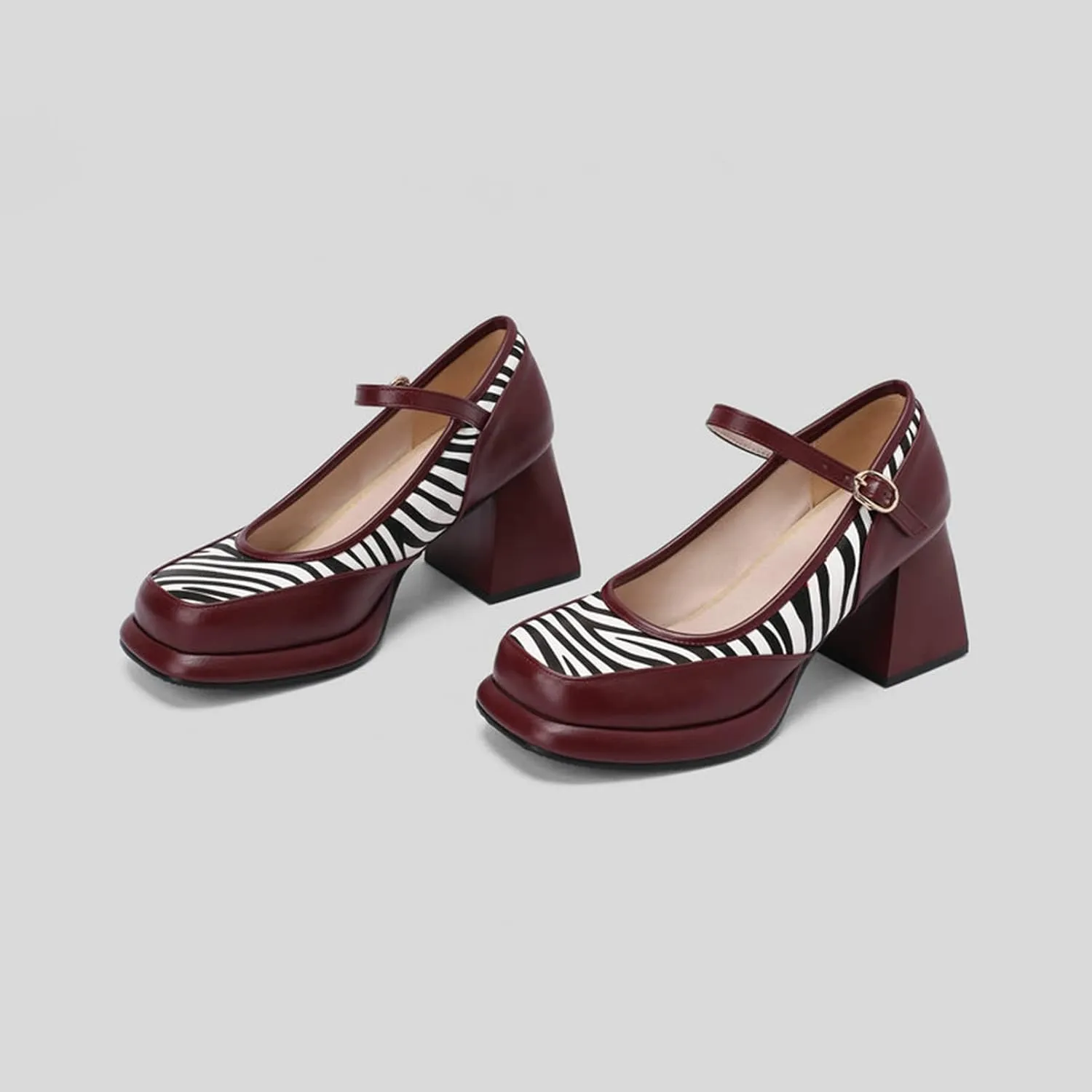 Womens Square Toe Platform Mary Jane Shoes High Chunky Heel Ankle Strap Striped Fashion Dress Pumps