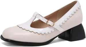 Women's Square Toe T Strap Mary Jane Square Heel Pumps