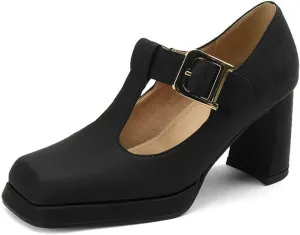 Womens T-Strap Mary Jane Pumps Comfy Leather Buckle Platform Chunky Block Heel Square Toe Dress Shoes