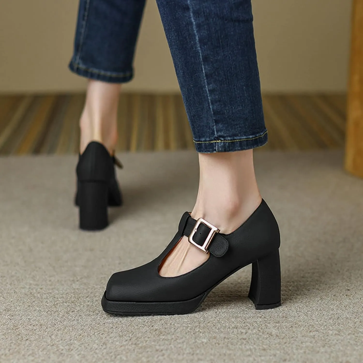 Womens T-Strap Mary Jane Pumps Comfy Leather Buckle Platform Chunky Block Heel Square Toe Dress Shoes