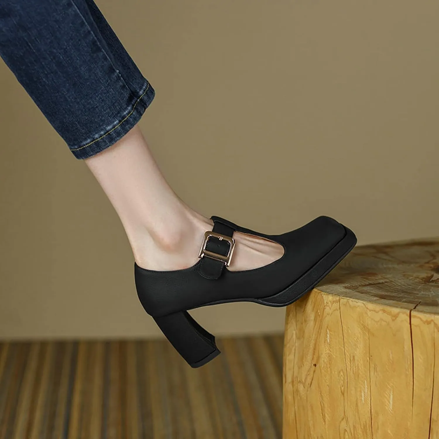 Womens T-Strap Mary Jane Pumps Comfy Leather Buckle Platform Chunky Block Heel Square Toe Dress Shoes