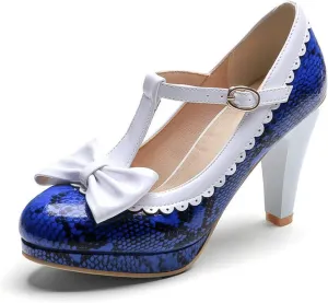 Women's T-Strap Mary Jane Shoes Round Toe Adorable Bows Buckle High Cone Heel Printed Dress Pumps