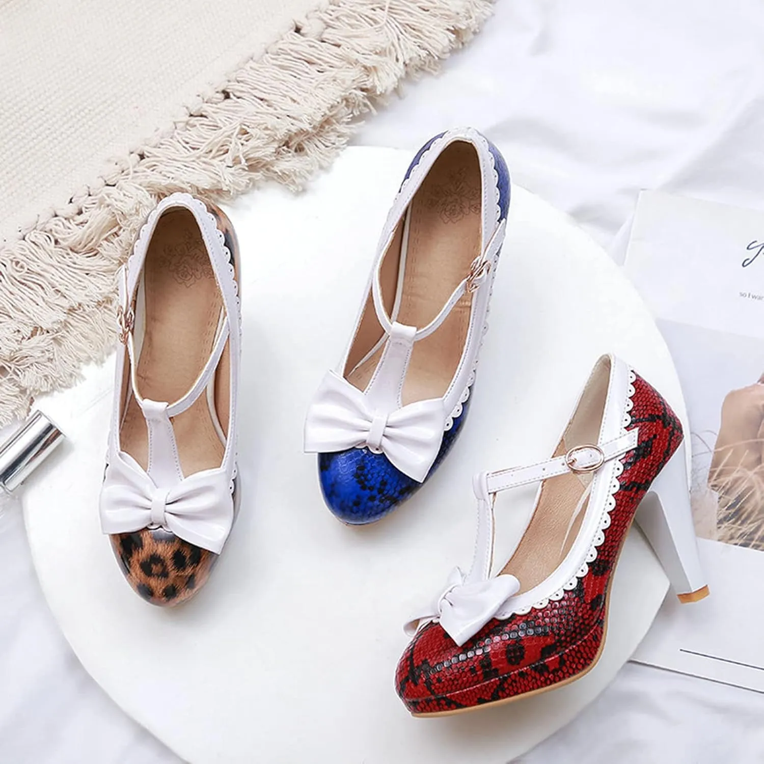 Women's T-Strap Mary Jane Shoes Round Toe Adorable Bows Buckle High Cone Heel Printed Dress Pumps