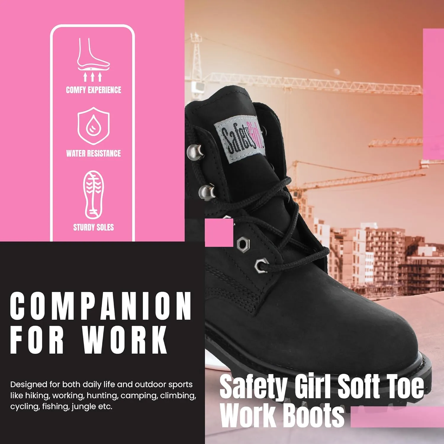 Womens Work Boots | Waterproof Leather Work Boots for Women | Oil & Slip-Resistant Soft Toe Boots for Women | Premium Nubuck Leather | Lightweight and Comfortable | Black Leather - 9.5M