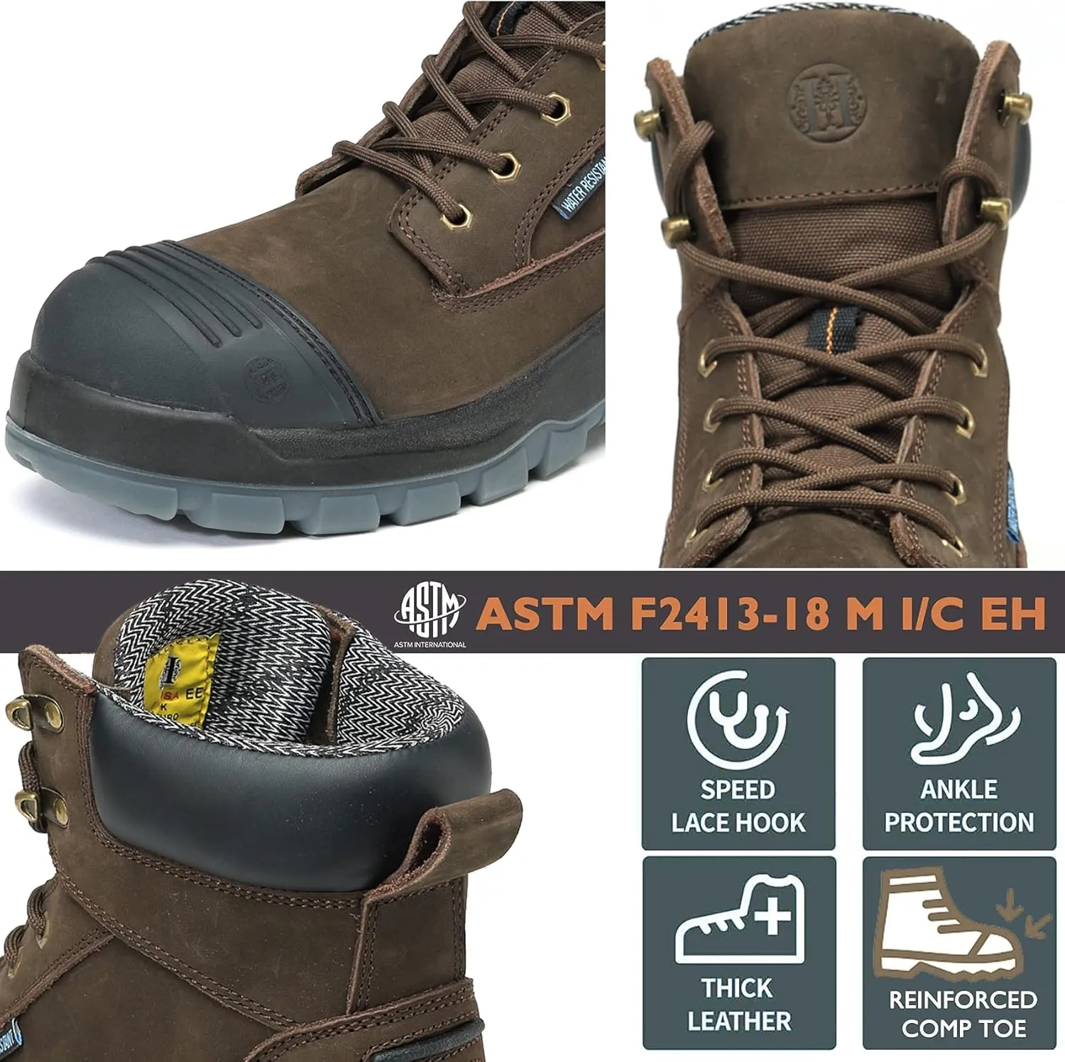 Work Boots for Men, 6" Composite Toe Waterproof Mens Work Boots, Non-Slip Puncture-Proof Safety EH Working Shoes