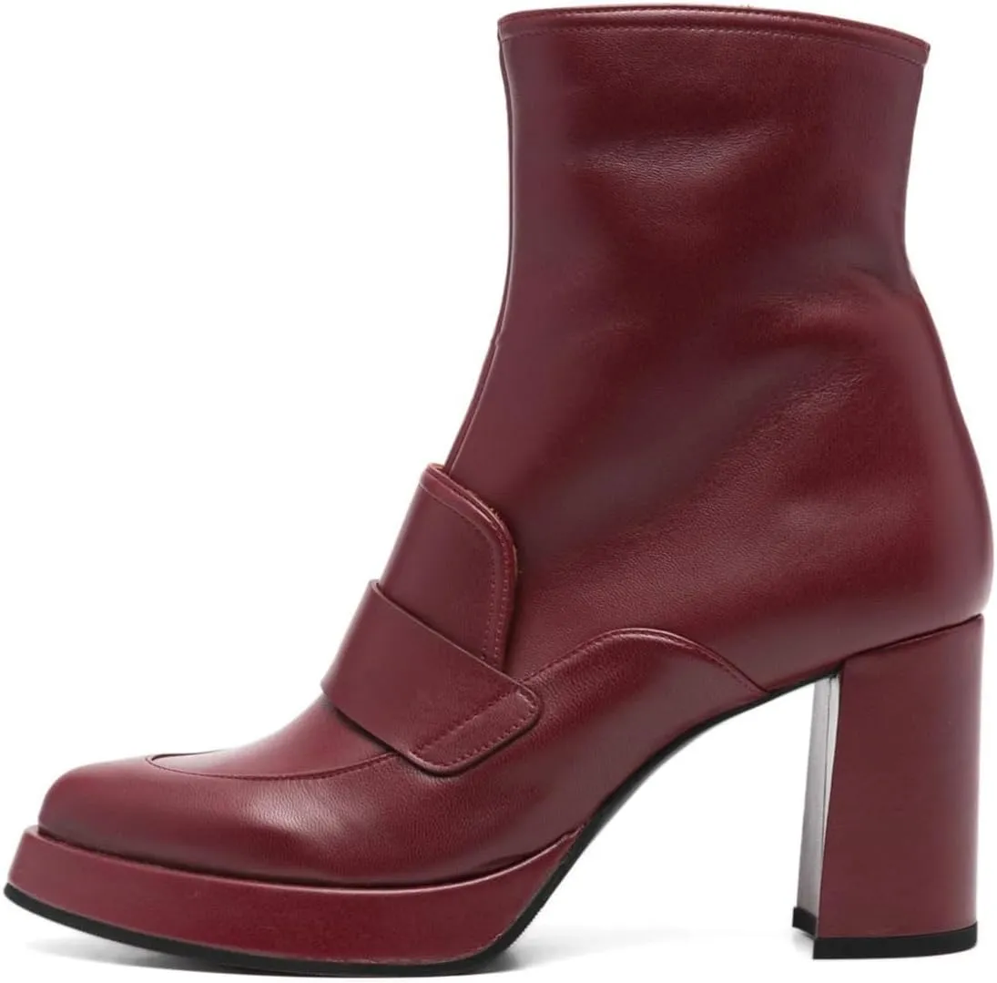 YDN Women's Closed Almond Toe Ankle Boots Chunky Block Platform Heels Side Zipper Loafer Style Booties Shoes Size 4-16 US