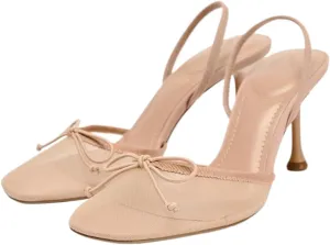 YIYA Women's Nude Mesh Slingback Kitten Heels with Cute Bow Closed Square Toe Wedding Party Dress Pumps Shoes