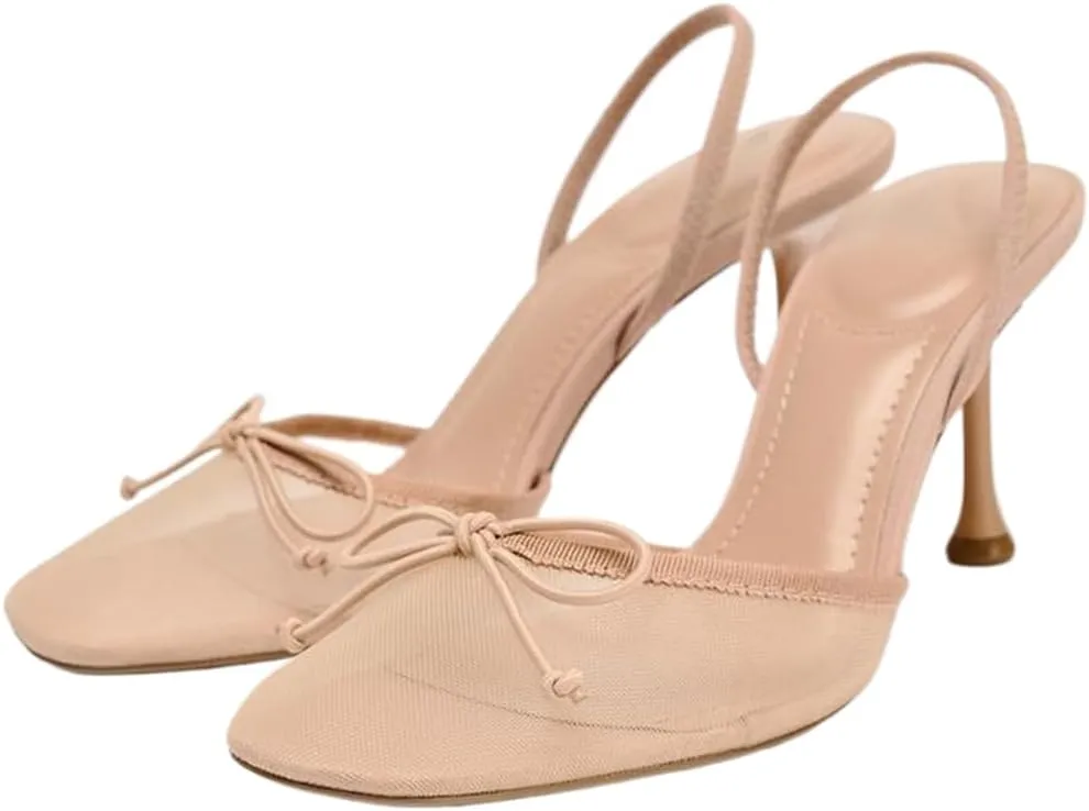 YIYA Women's Nude Mesh Slingback Kitten Heels with Cute Bow Closed Square Toe Wedding Party Dress Pumps Shoes