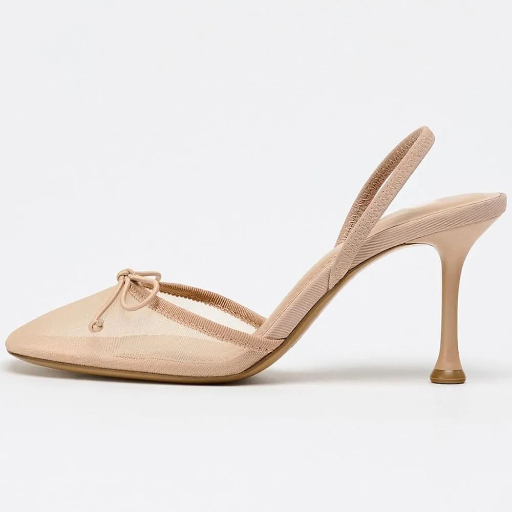 YIYA Women's Nude Mesh Slingback Kitten Heels with Cute Bow Closed Square Toe Wedding Party Dress Pumps Shoes