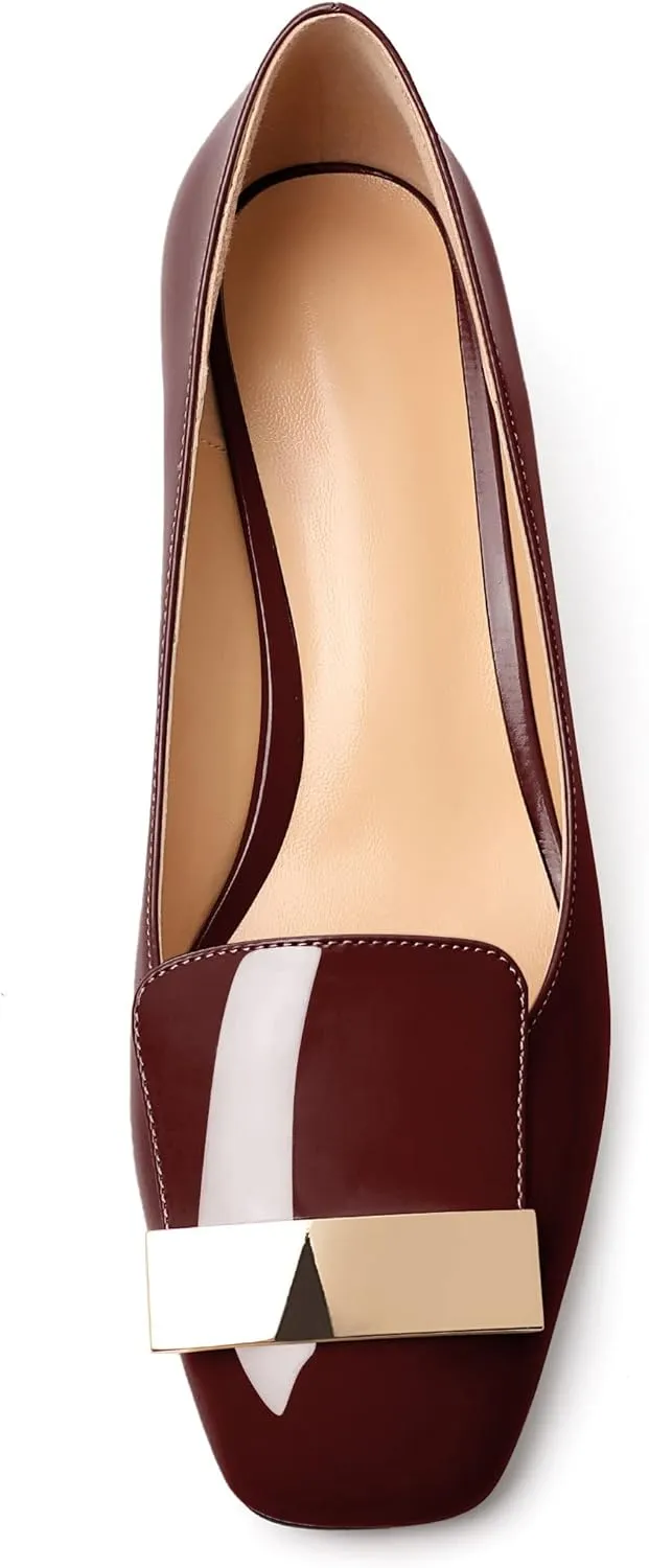 YODEKS Women's Low Block Heels Pumps Square Toe Chunky Heels Slip On 2 Inch Closed Toe Dressy Shoes