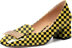 YODEKS Women's Low Block Heels Pumps Square Toe Chunky Heels Slip On 2 Inch Closed Toe Dressy Shoes