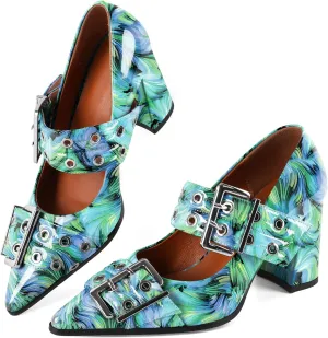 Zamikoo Buckle Shoes for Women Mary Jane Closed Pointed Toe Slip On Chunky Block High Heel Pumps