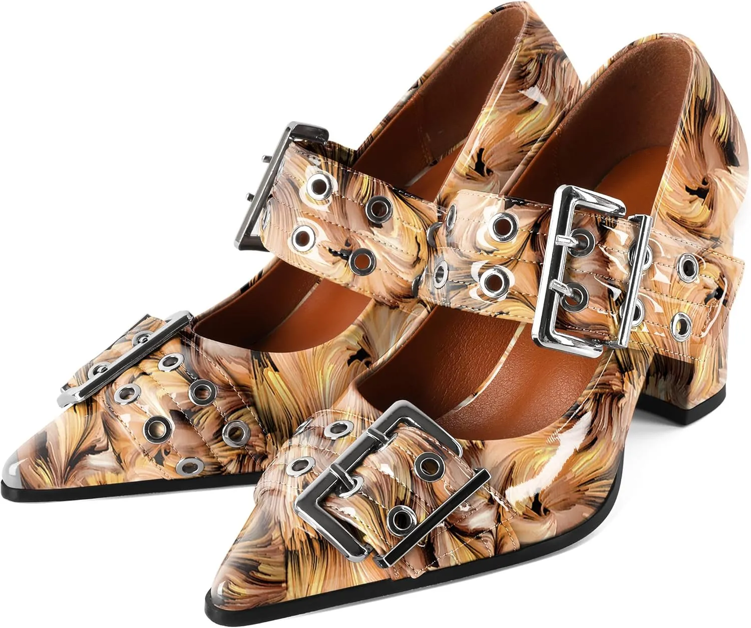 Zamikoo Buckle Shoes for Women Mary Jane Closed Pointed Toe Slip On Chunky Block High Heel Pumps
