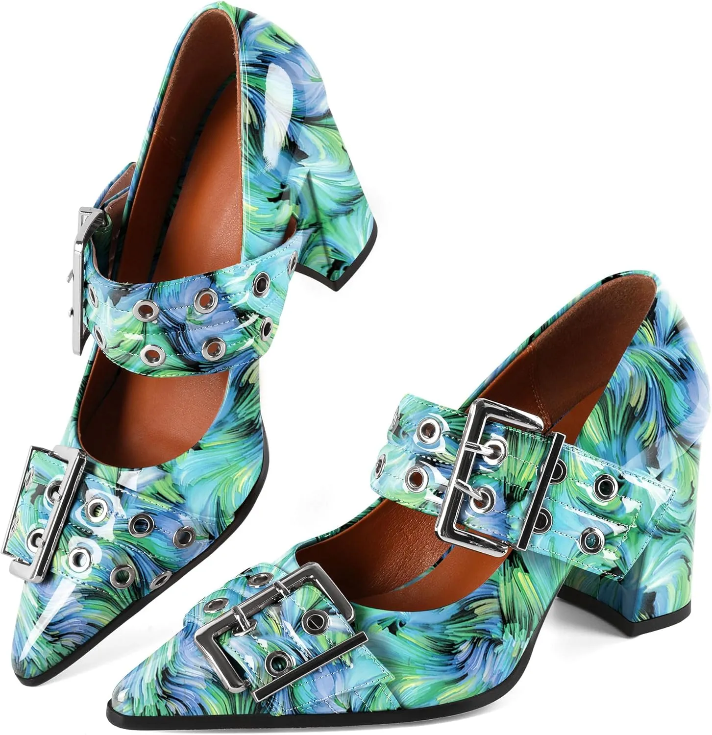 Zamikoo Buckle Shoes for Women Mary Jane Closed Pointed Toe Slip On Chunky Block High Heel Pumps