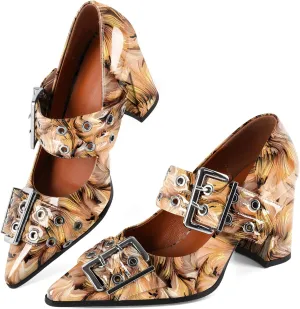 Zamikoo Buckle Shoes for Women Mary Jane Closed Pointed Toe Slip On Chunky Block High Heel Pumps
