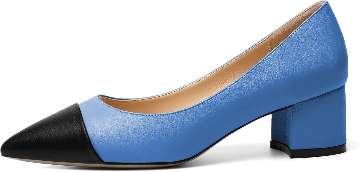 Zamikoo Women's Block Heel Pumps, Pointed Toe Slip on Classic Chunky Low Heel Cap Toe Dress Shoes for Office Wedding Work Evening 2 Inches