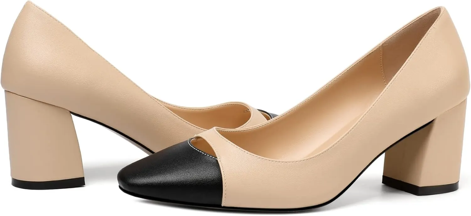 Zamikoo Women's Block Mid Heel Pumps Square Toe Slip-on Chunky Heels Ladies Work Office Dress Shoes 2.5 Inch