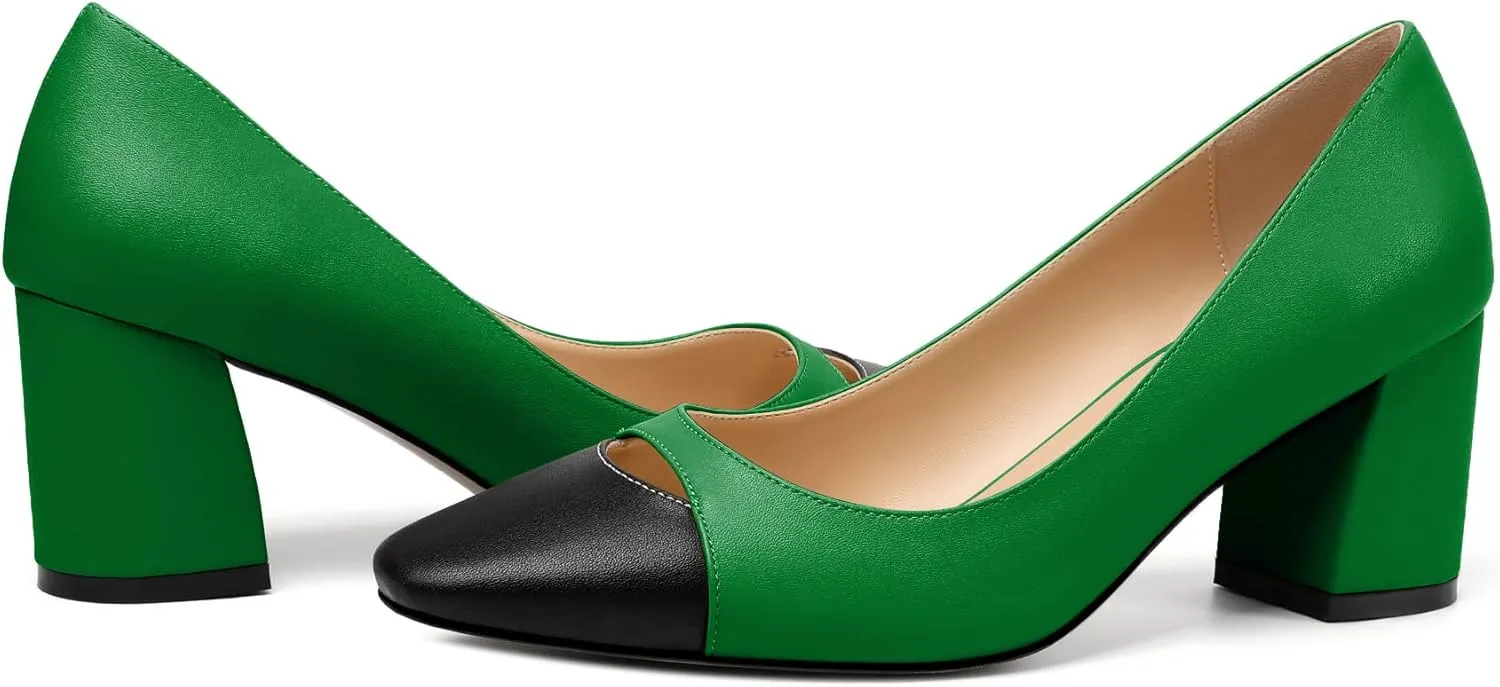 Zamikoo Women's Block Mid Heel Pumps Square Toe Slip-on Chunky Heels Ladies Work Office Dress Shoes 2.5 Inch
