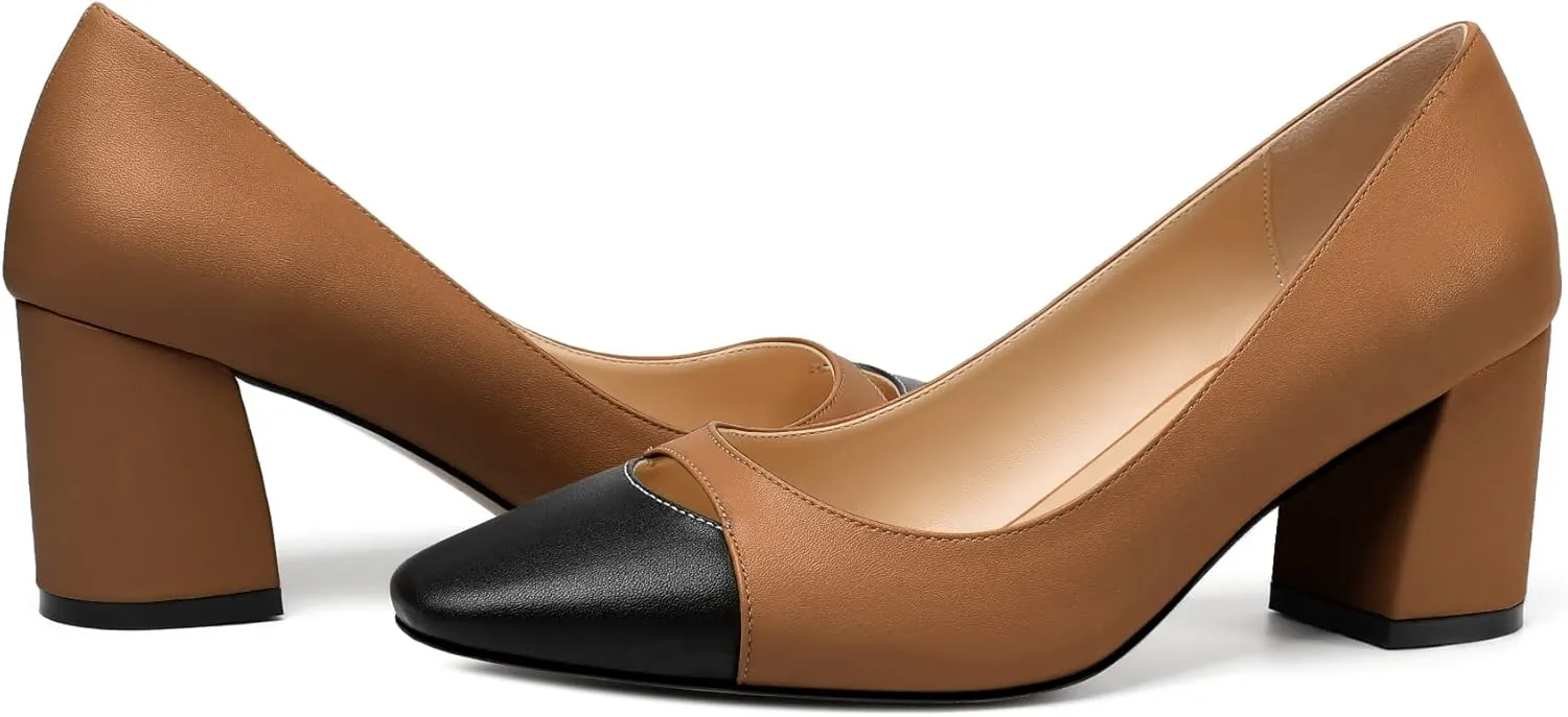 Zamikoo Women's Block Mid Heel Pumps Square Toe Slip-on Chunky Heels Ladies Work Office Dress Shoes 2.5 Inch