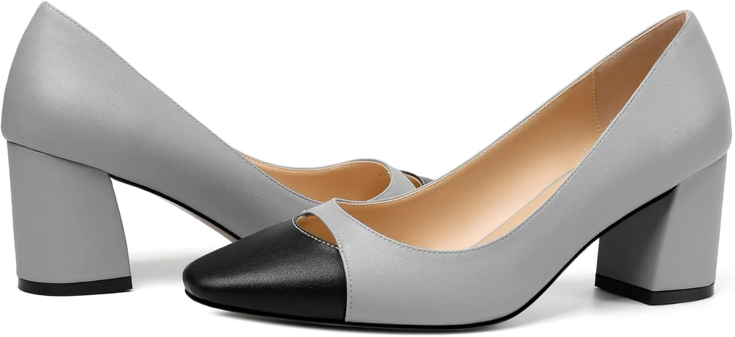 Zamikoo Women's Block Mid Heel Pumps Square Toe Slip-on Chunky Heels Ladies Work Office Dress Shoes 2.5 Inch