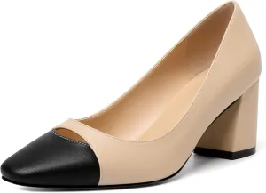 Zamikoo Women's Block Mid Heel Pumps Square Toe Slip-on Chunky Heels Ladies Work Office Dress Shoes 2.5 Inch
