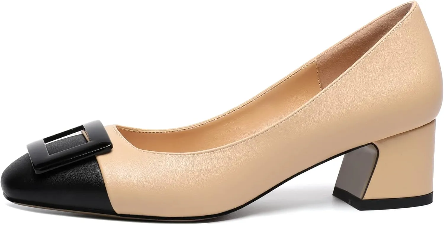 Zamikoo Women's Square Toe Block Heel Pumps with Buckle, Slip On Chunky Low Heels, Comfortable 2 Inch Heeled Dress Shoes with Checkered Pattern for Office Wedding Event
