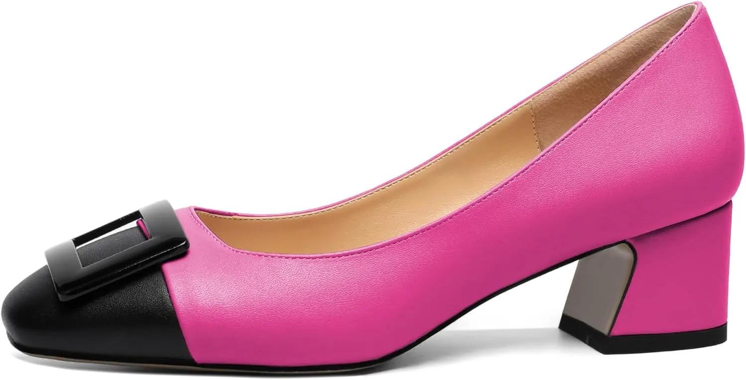 Zamikoo Women's Square Toe Block Heel Pumps with Buckle, Slip On Chunky Low Heels, Comfortable 2 Inch Heeled Dress Shoes with Checkered Pattern for Office Wedding Event