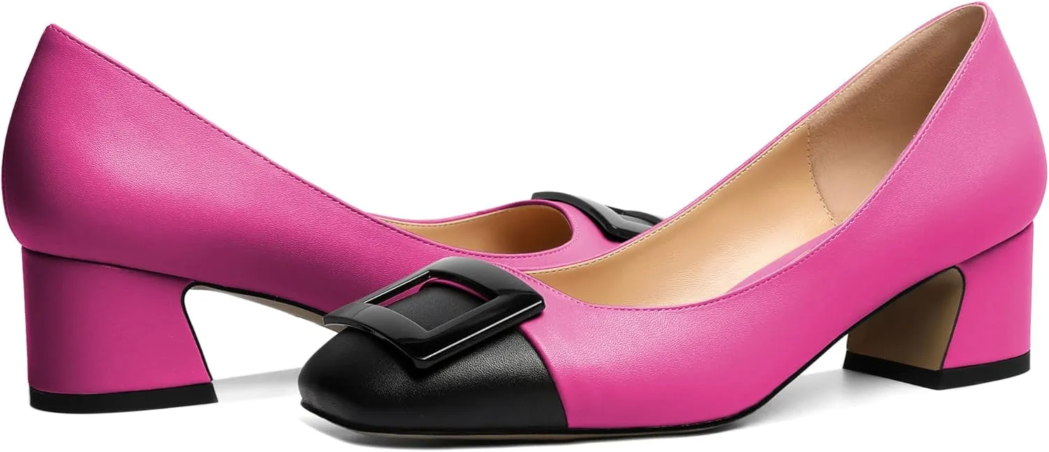 Zamikoo Women's Square Toe Block Heel Pumps with Buckle, Slip On Chunky Low Heels, Comfortable 2 Inch Heeled Dress Shoes with Checkered Pattern for Office Wedding Event