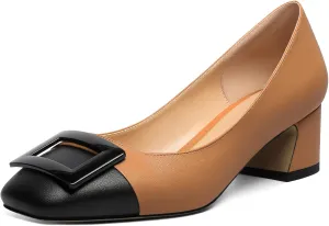 Zamikoo Women's Square Toe Block Heel Pumps with Buckle, Slip On Chunky Low Heels, Comfortable 2 Inch Heeled Dress Shoes with Checkered Pattern for Office Wedding Event