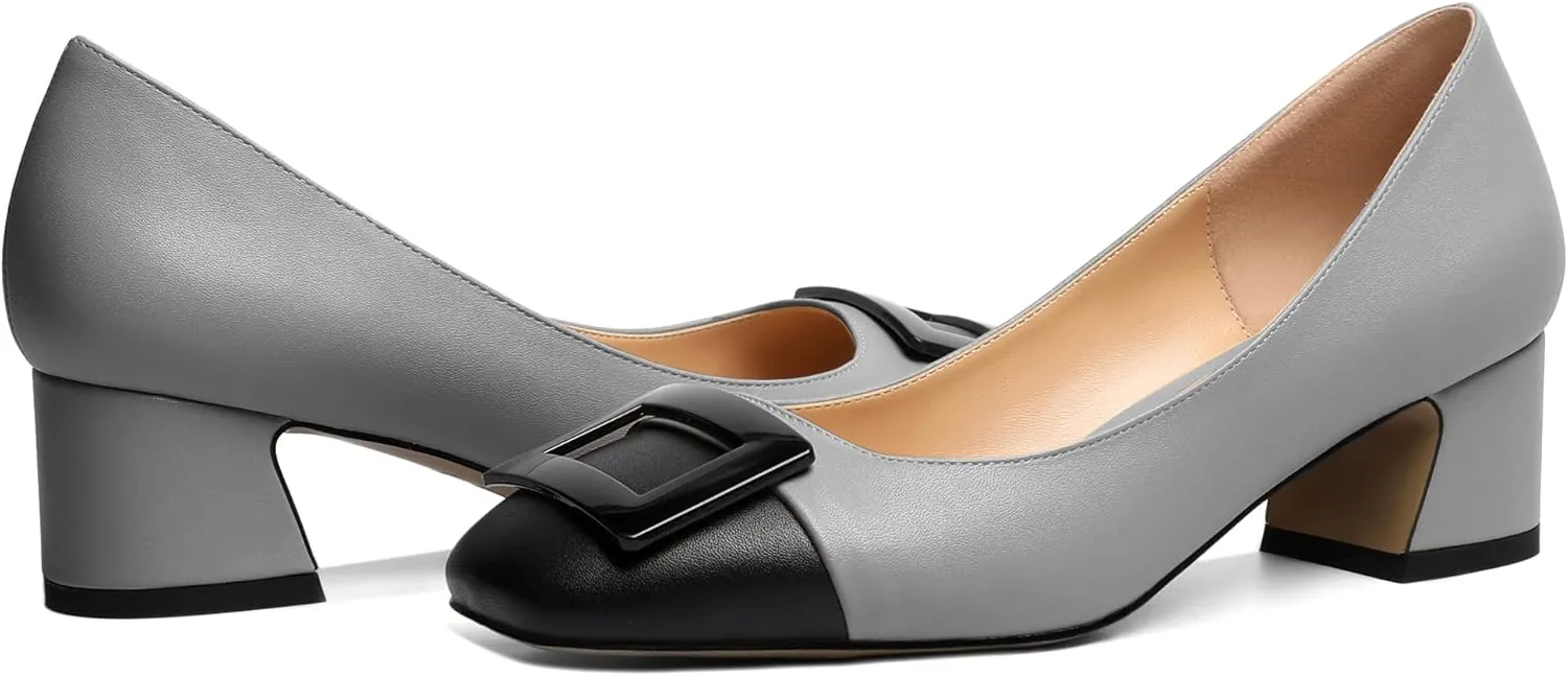 Zamikoo Women's Square Toe Block Heel Pumps with Buckle, Slip On Chunky Low Heels, Comfortable 2 Inch Heeled Dress Shoes with Checkered Pattern for Office Wedding Event