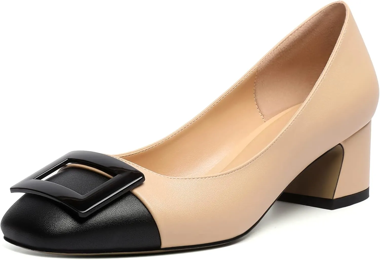 Zamikoo Women's Square Toe Block Heel Pumps with Buckle, Slip On Chunky Low Heels, Comfortable 2 Inch Heeled Dress Shoes with Checkered Pattern for Office Wedding Event