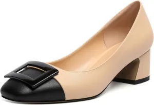 Zamikoo Women's Square Toe Block Heel Pumps with Buckle, Slip On Chunky Low Heels, Comfortable 2 Inch Heeled Dress Shoes with Checkered Pattern for Office Wedding Event