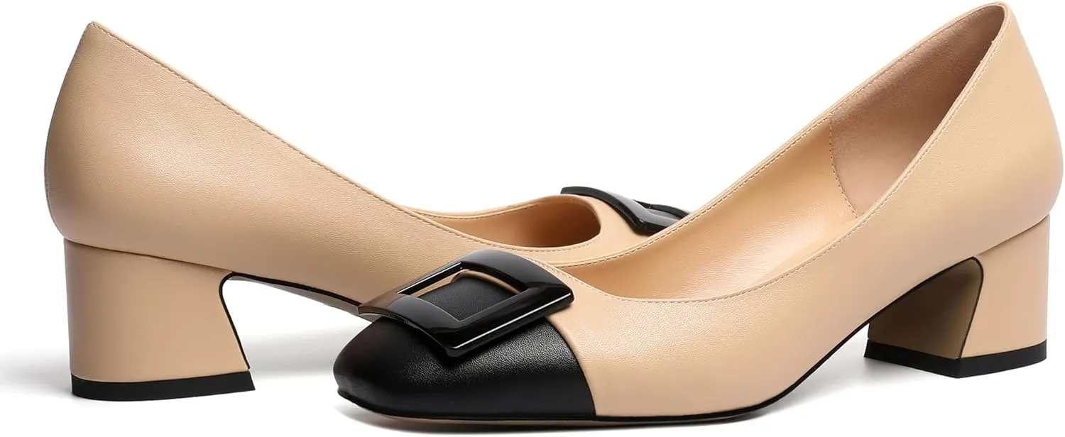 Zamikoo Women's Square Toe Block Heel Pumps with Buckle, Slip On Chunky Low Heels, Comfortable 2 Inch Heeled Dress Shoes with Checkered Pattern for Office Wedding Event
